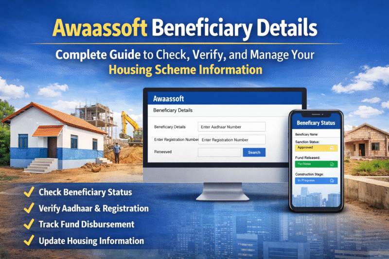 Awaassoft Beneficiary Details banner showing housing scheme information with a house, construction site, and digital dashboard displaying beneficiary status, Aadhaar verification, fund release, and construction progress.