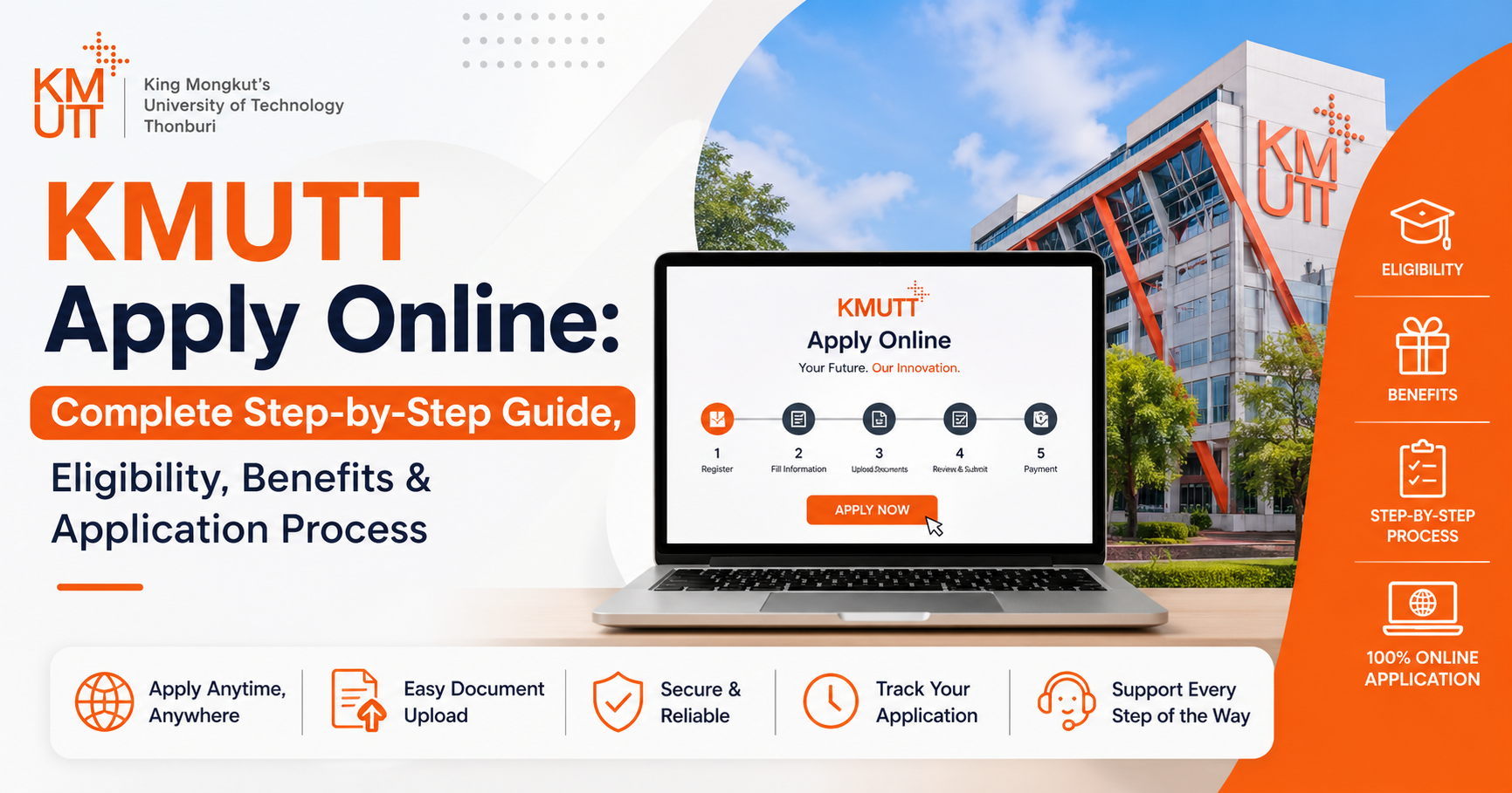 A laptop with application steps, university campus background, and highlights of eligibility, benefits, and step-by-step admission process.