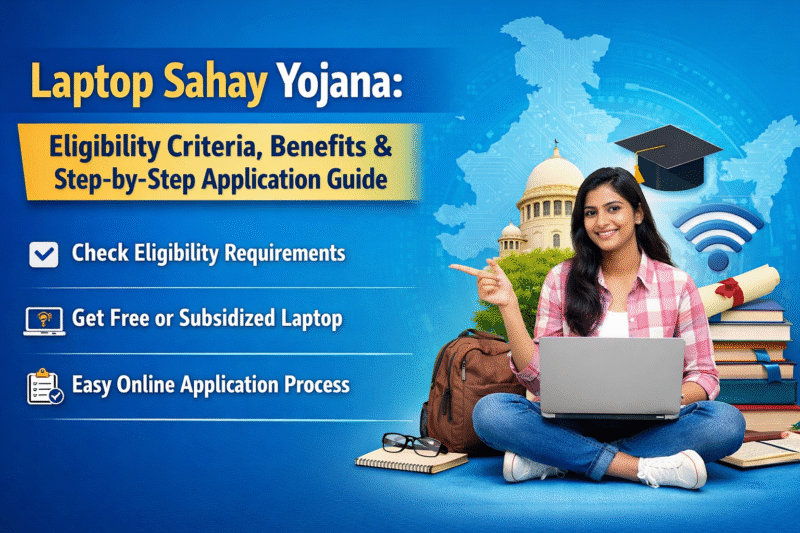 Laptop Sahay Yojana promotional banner featuring a student with a laptop and highlights of eligibility, benefits, and application steps