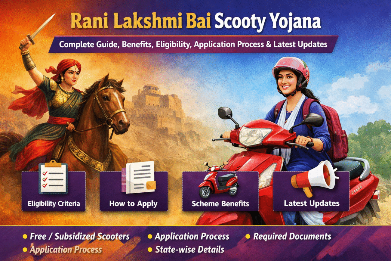 Illustration of Rani Lakshmi Bai Scooty Yojana showing Rani Lakshmi Bai on horseback alongside a female student riding a scooter, highlighting scheme benefits, eligibility, application process, and updates.