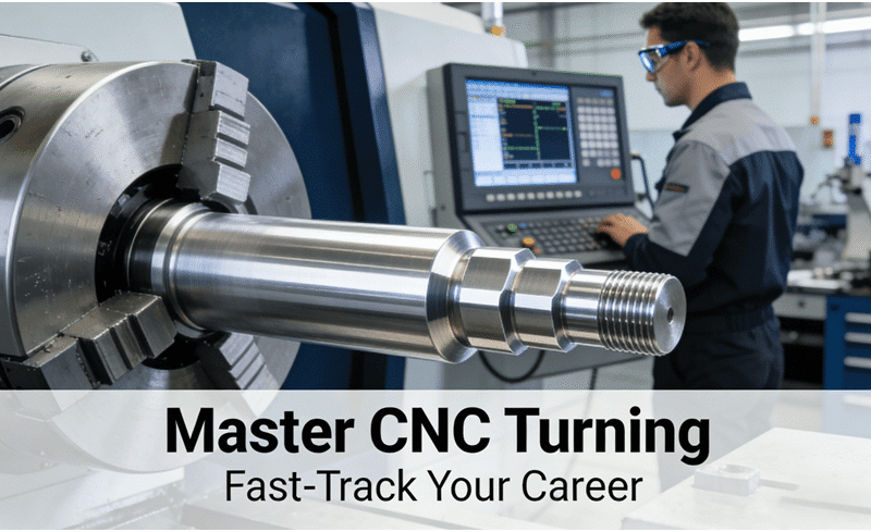 A close-up of a precision CNC lathe machining a silver aluminum component, with an engineer monitoring the process in a clean, modern manufacturing facility, symbolizing advanced technical skills and career growth.