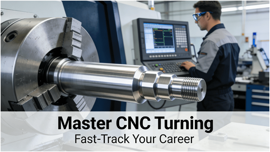 A close-up of a precision CNC lathe machining a silver aluminum component, with an engineer monitoring the process in a clean, modern manufacturing facility, symbolizing advanced technical skills and career growth.