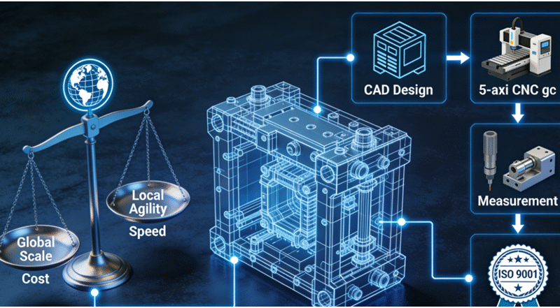 A professional diagram illustrating the balance between global and local CNC machining sourcing strategies for public sector projects, showing the journey from CAD design to certified part production, with icons representing cost, speed, and quality assurance.