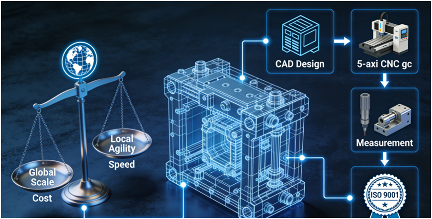 A professional diagram illustrating the balance between global and local CNC machining sourcing strategies for public sector projects, showing the journey from CAD design to certified part production, with icons representing cost, speed, and quality assurance.